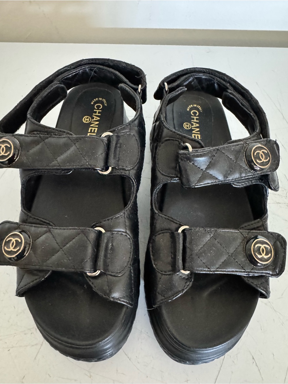 CC Black Quilted Leather Logo Strap Sandals.  ( this is only a copy)